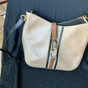 Taupe Furla shoulder bag with tan and black straps